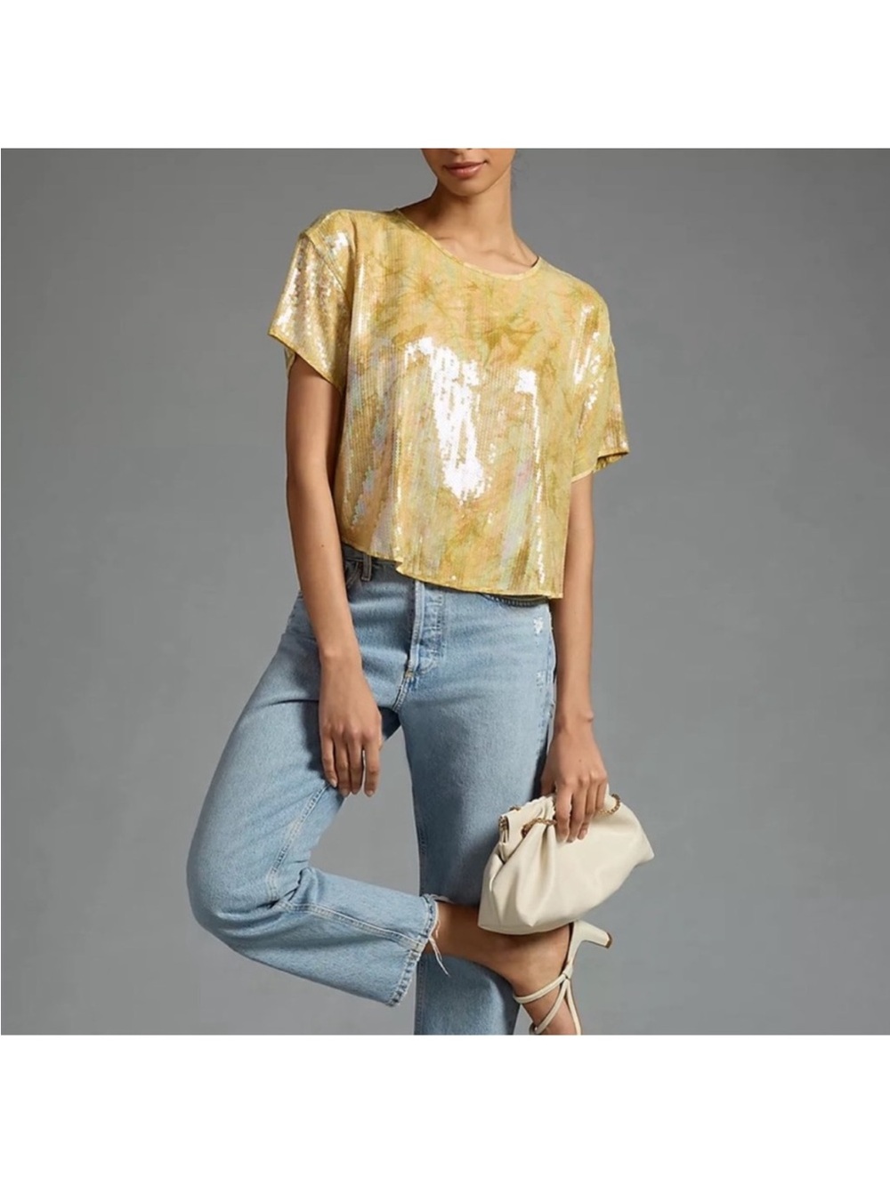 Anthropologie x Pilcro Yellow Sequin top blouse women size Small - Picture 4 of 9